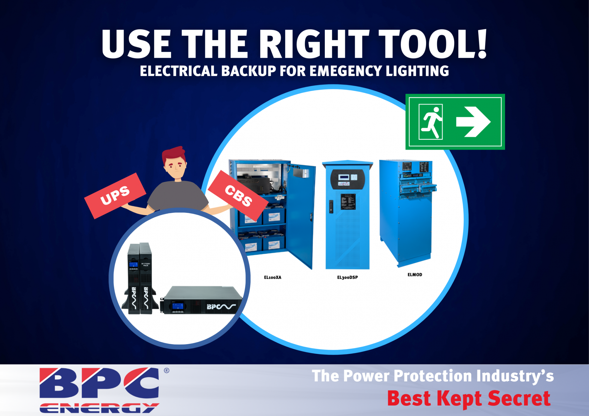 UPS (uninterruptible power supply) or CBS (central battery system for Emergency Lighting Systems