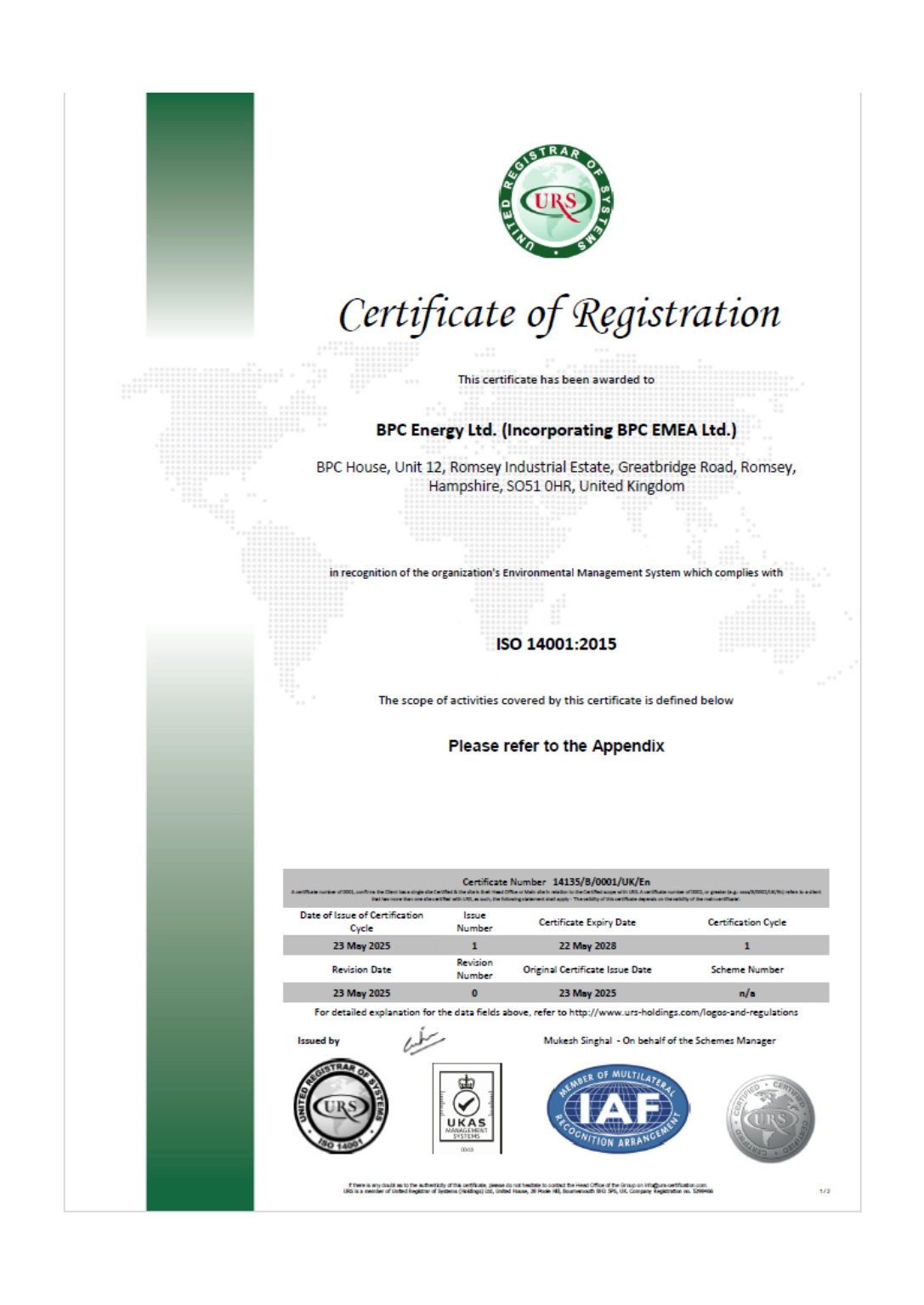 Certificate of Registration BPC Energy ISO 14001:2015 Environmental Management System