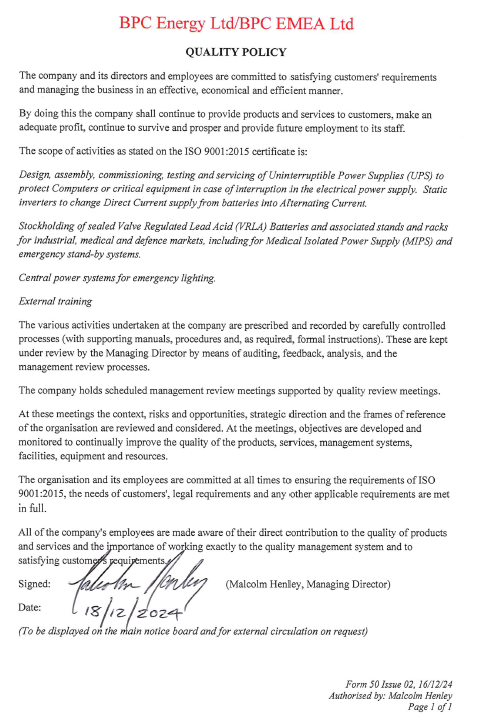 BPC Quality Policy 2024