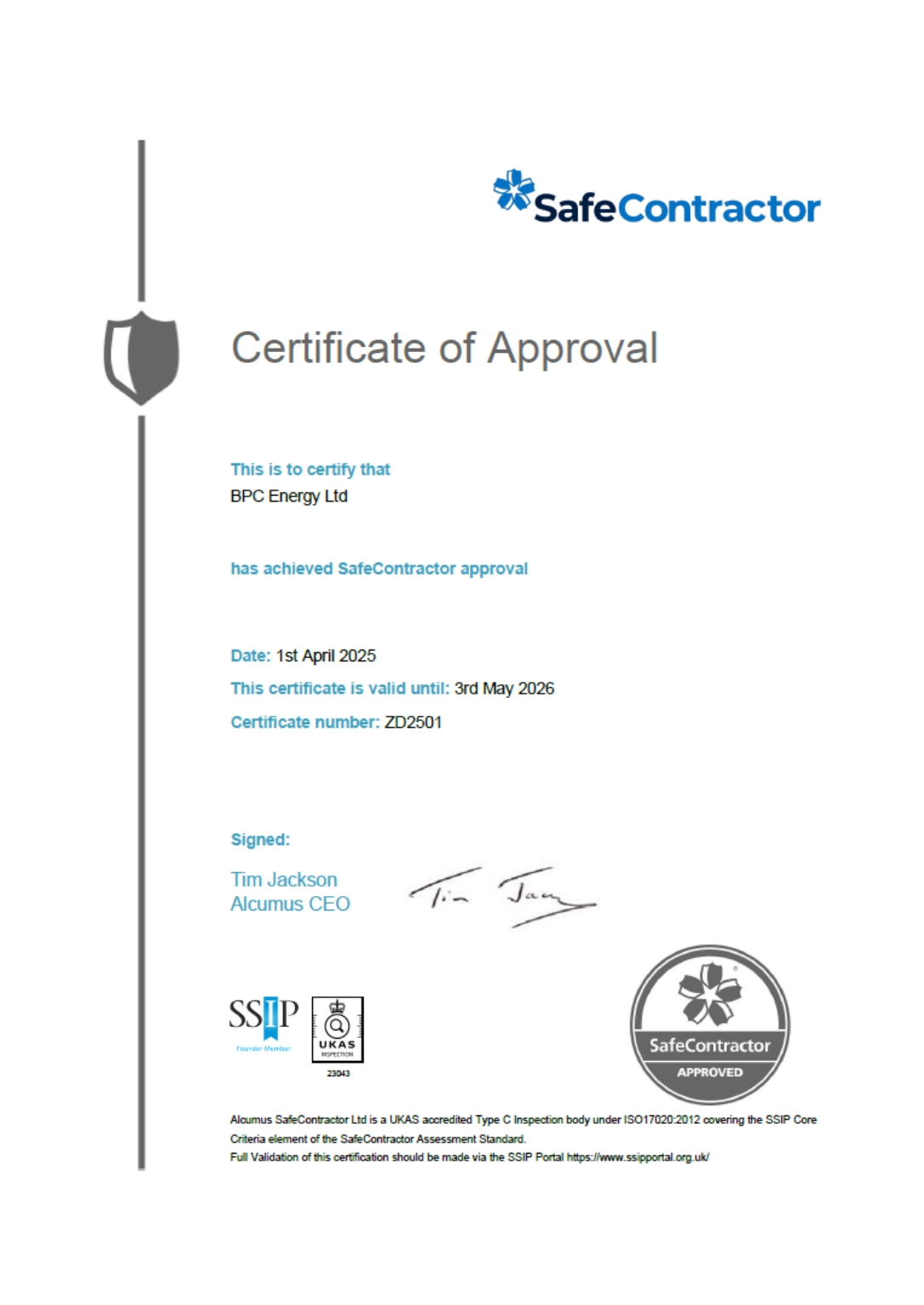 SafeContractor Certificate 2025